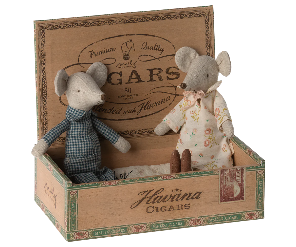 SOURIS GRAND-PAPA ET GRAND-MAMAN DANS BOÎTE DE CIGARES