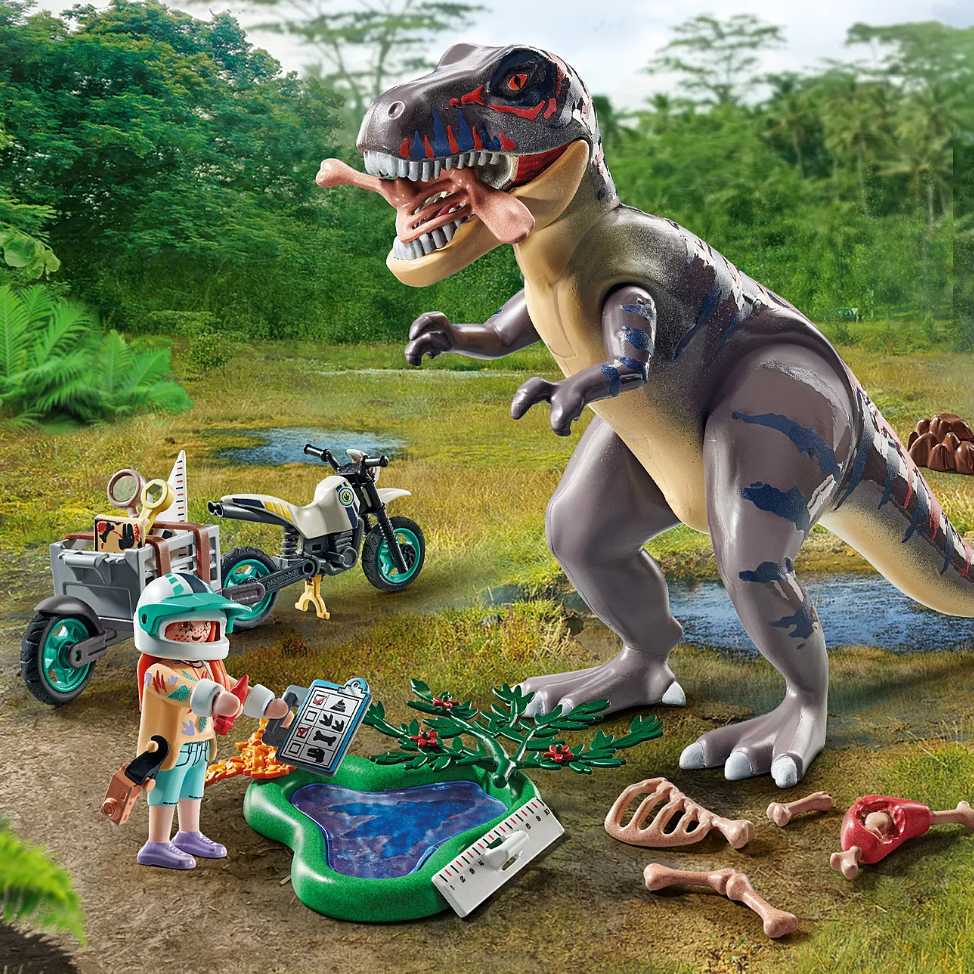 EXPLORATEUR AVEC MOTO ET TYRANNOSAURE "DINOS"